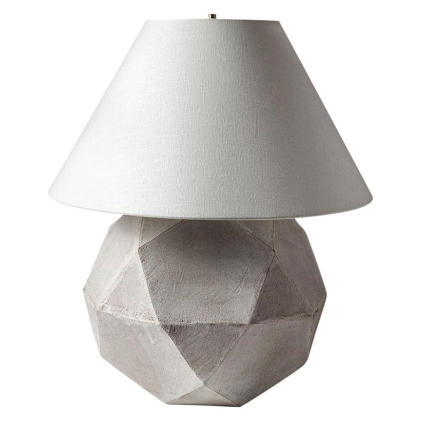 Geode Lamp 4, Geometric White Ceramic and Brass Table Lamp with Linen Shade For Sale
