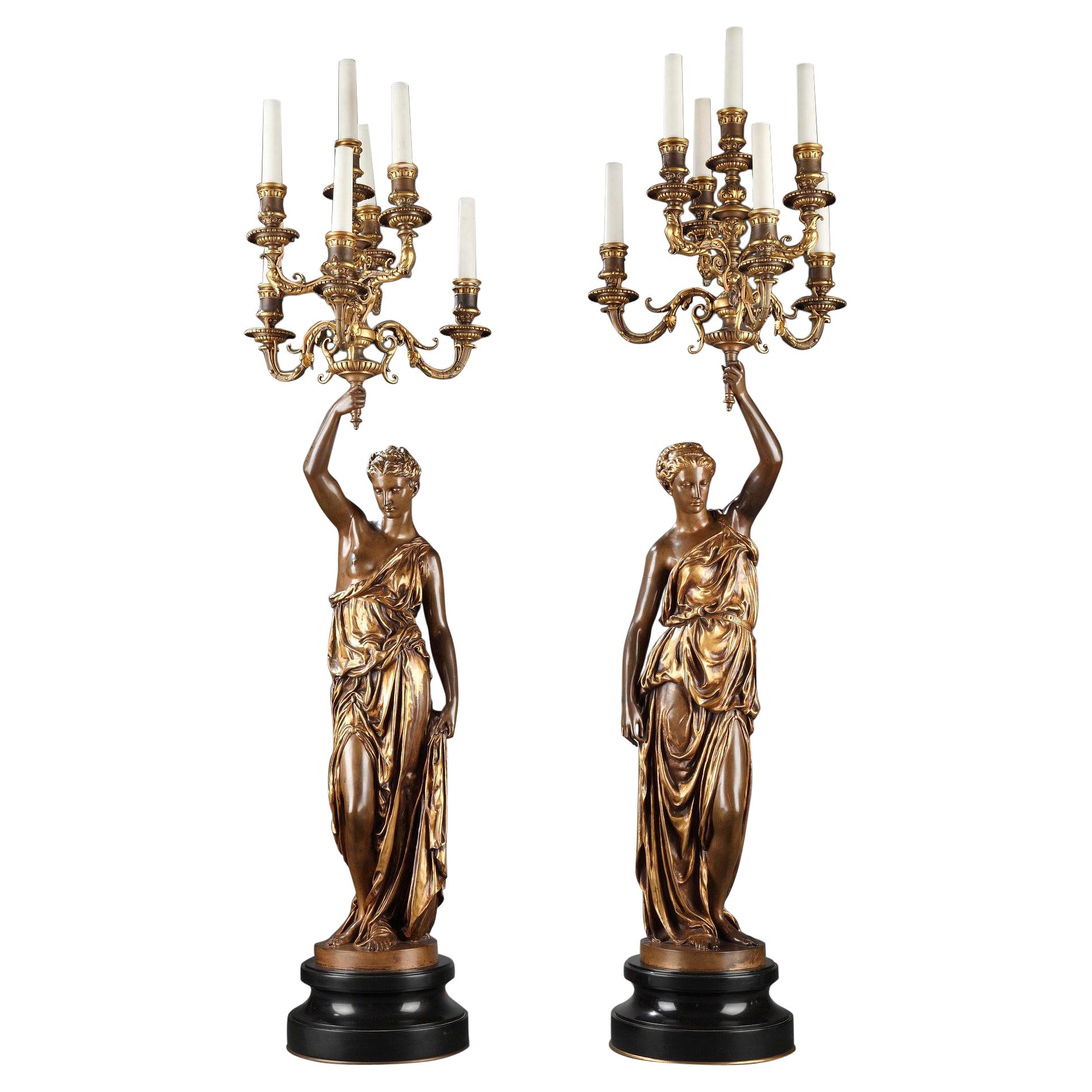Elegant Pair of Bronze Torcheres by F. Barbedienne, P. Dubois and A. Falguière For Sale