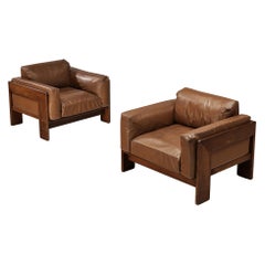 Tobia Scarpa Pair of 'Bastiano' Club Chairs in Brown Leather and Walnut