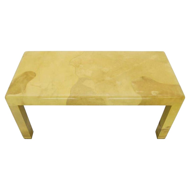 Mid-Century Modern Lacquered Goat Skin Parchment Coffee Table Brass Feet MINT