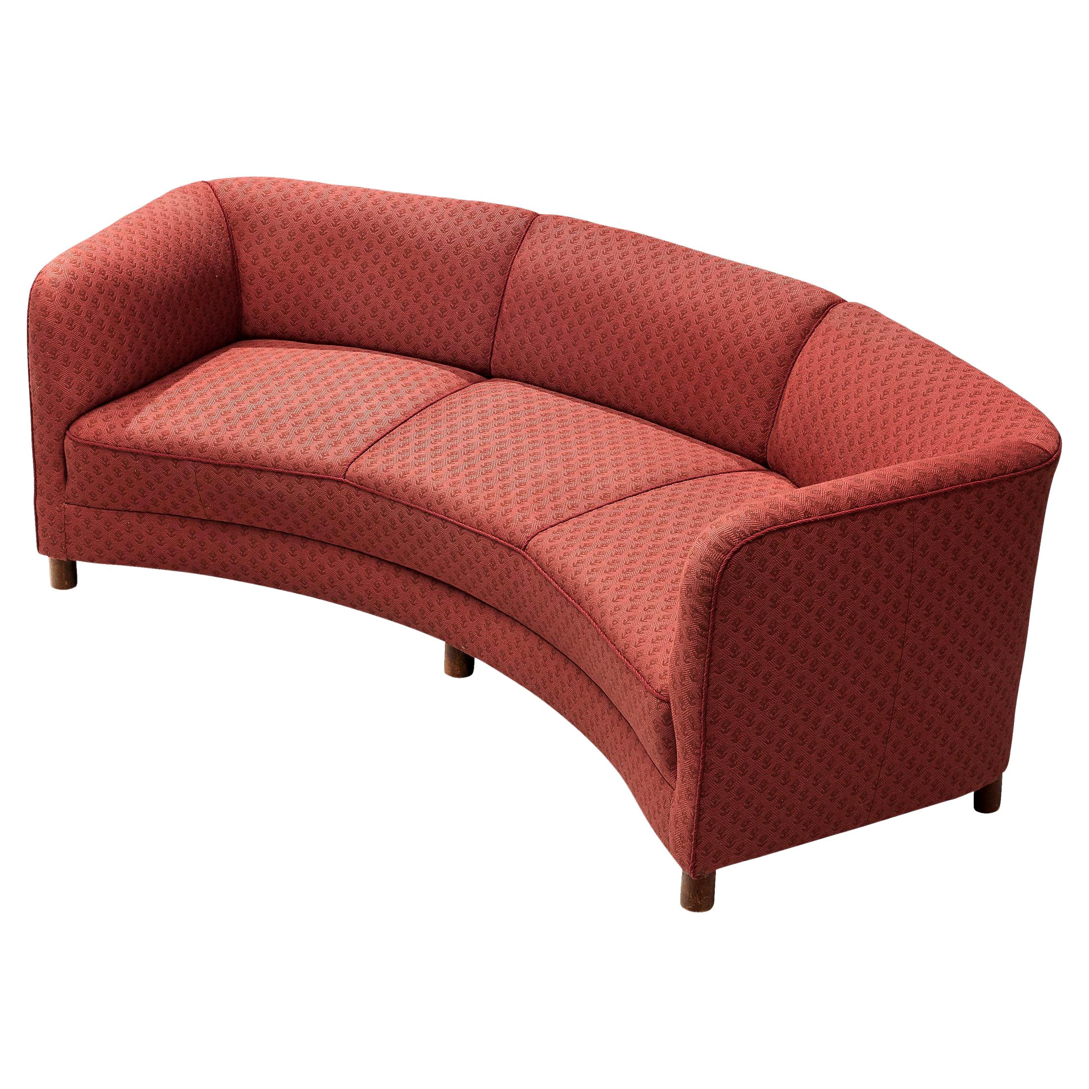 Danish Curved Sofa in Floral Red Upholstery For Sale