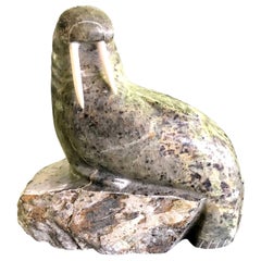 Inuit Native American Eskimo Stone Carved Walrus Sculpture with Tusks