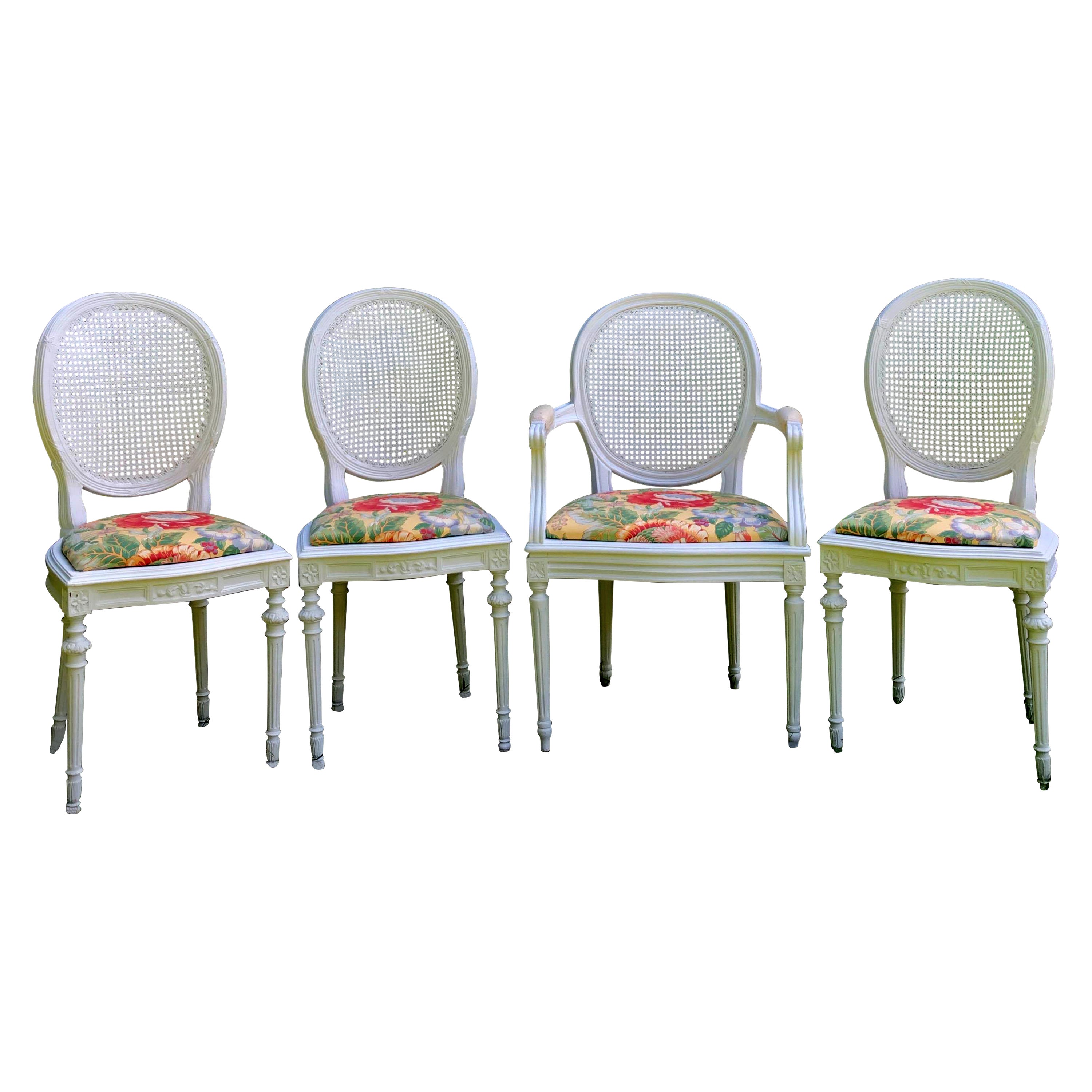 Set of Four French Painted Wooden Dining Chairs with Caned Backs