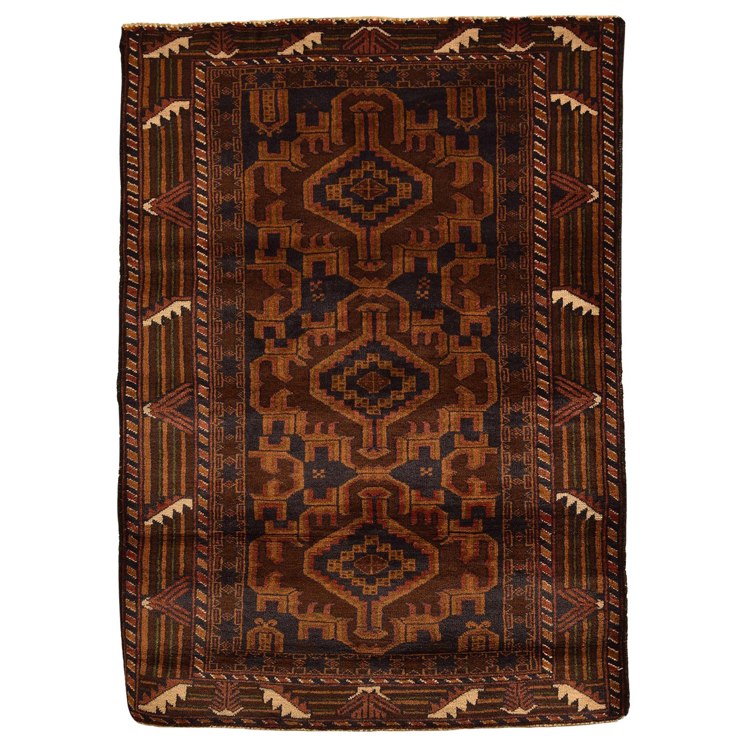 Traditioneller persischer Balouchi-Teppich aus brauner, cremefarbener und schwarzer Wolle 3' x 4'7