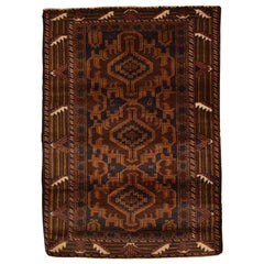 Traditional Persian Balouchi Carpet in Brown, Cream, and Black Wool 3’ x 4’7”