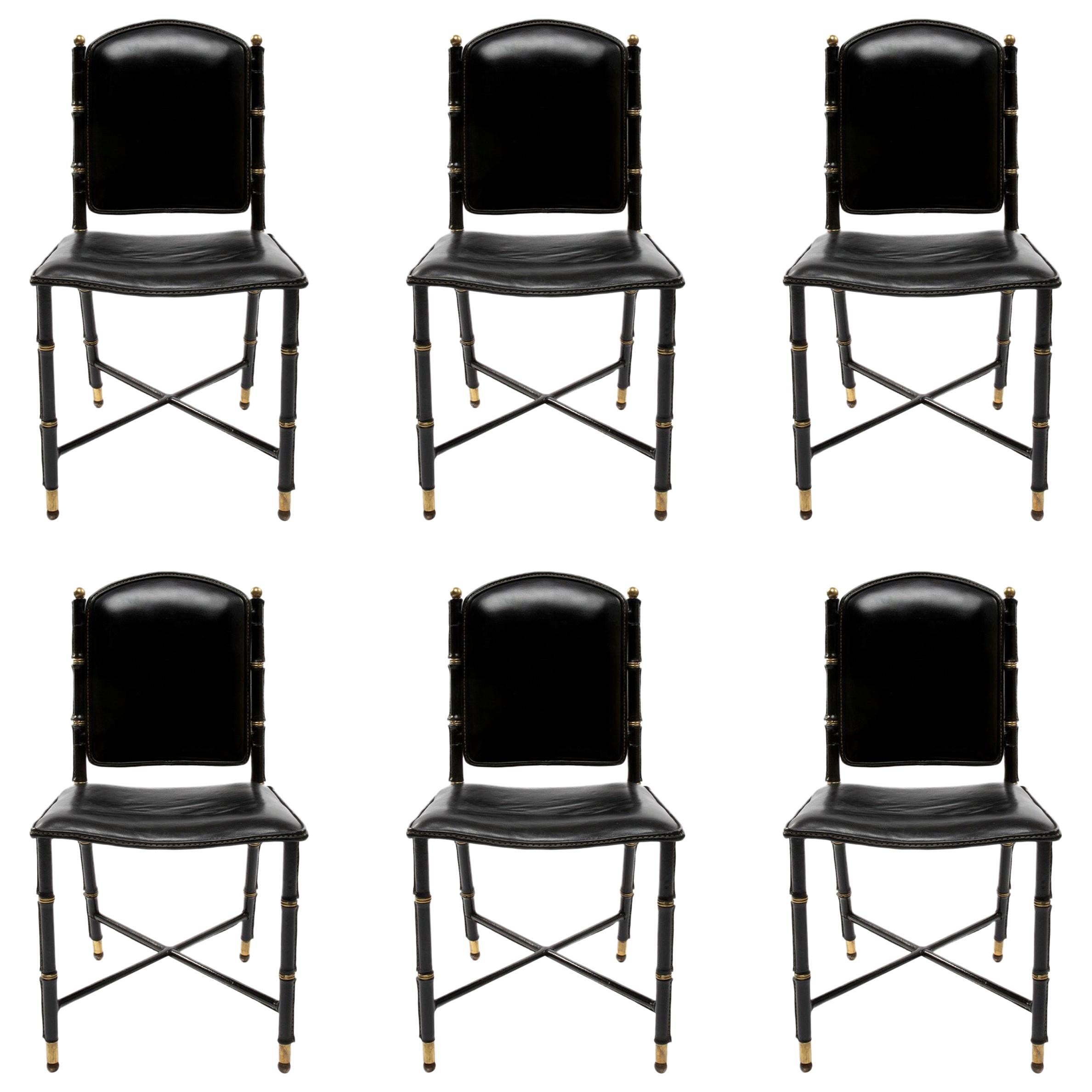 French Midcentury Set of 6 Chairs in Black Stitched Leather by Jacques Adnet