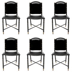 French Midcentury Set of 6 Chairs in Black Stitched Leather by Jacques Adnet