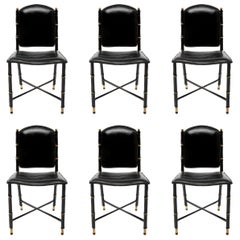 French Midcentury Set of 6 Chairs in Black Stitched Leather by Jacques Adnet