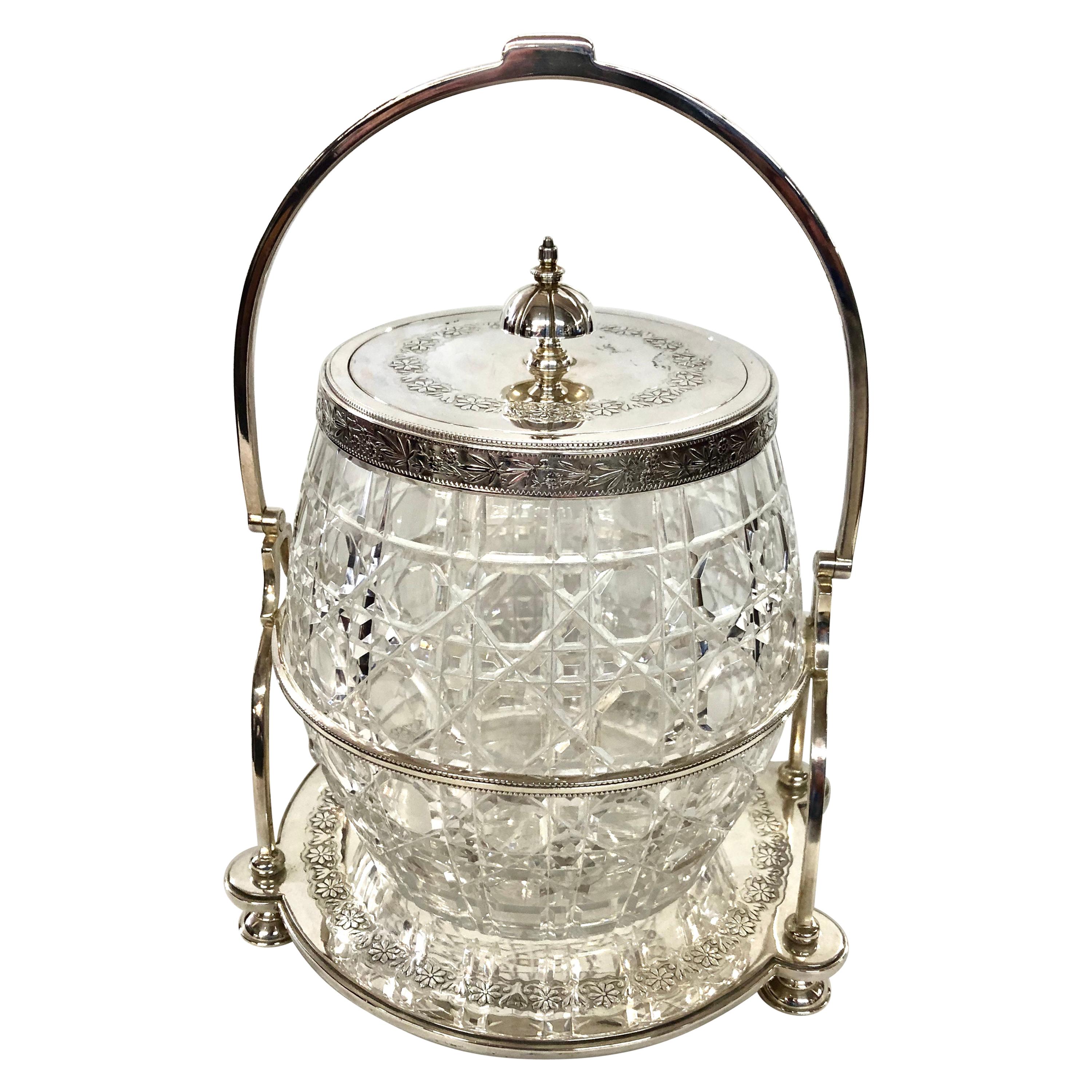 Antique English Silver-plate 
Hand-cut Crystal Round Biscuit Box, Wm. Clarke