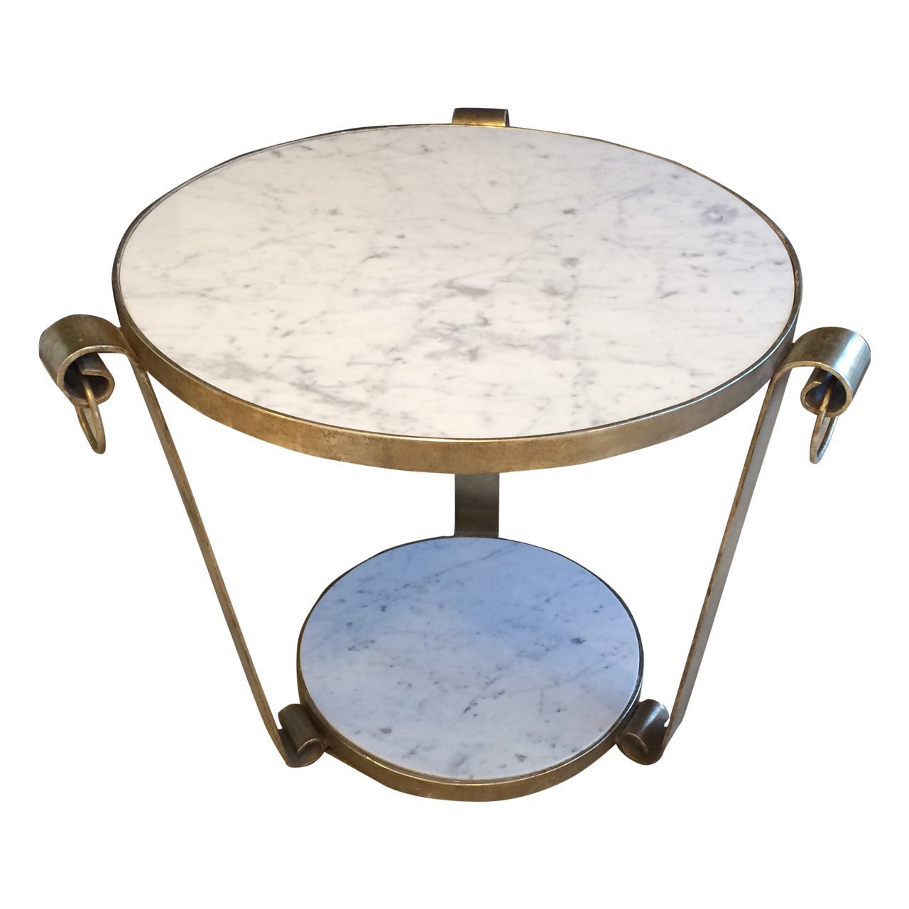Mid-Century Wrought Iron Table in White Gold Leaf and Marble For Sale