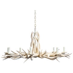 Vintage Hand Carved Wood & Iron Antler Chandelier in Antiqued White