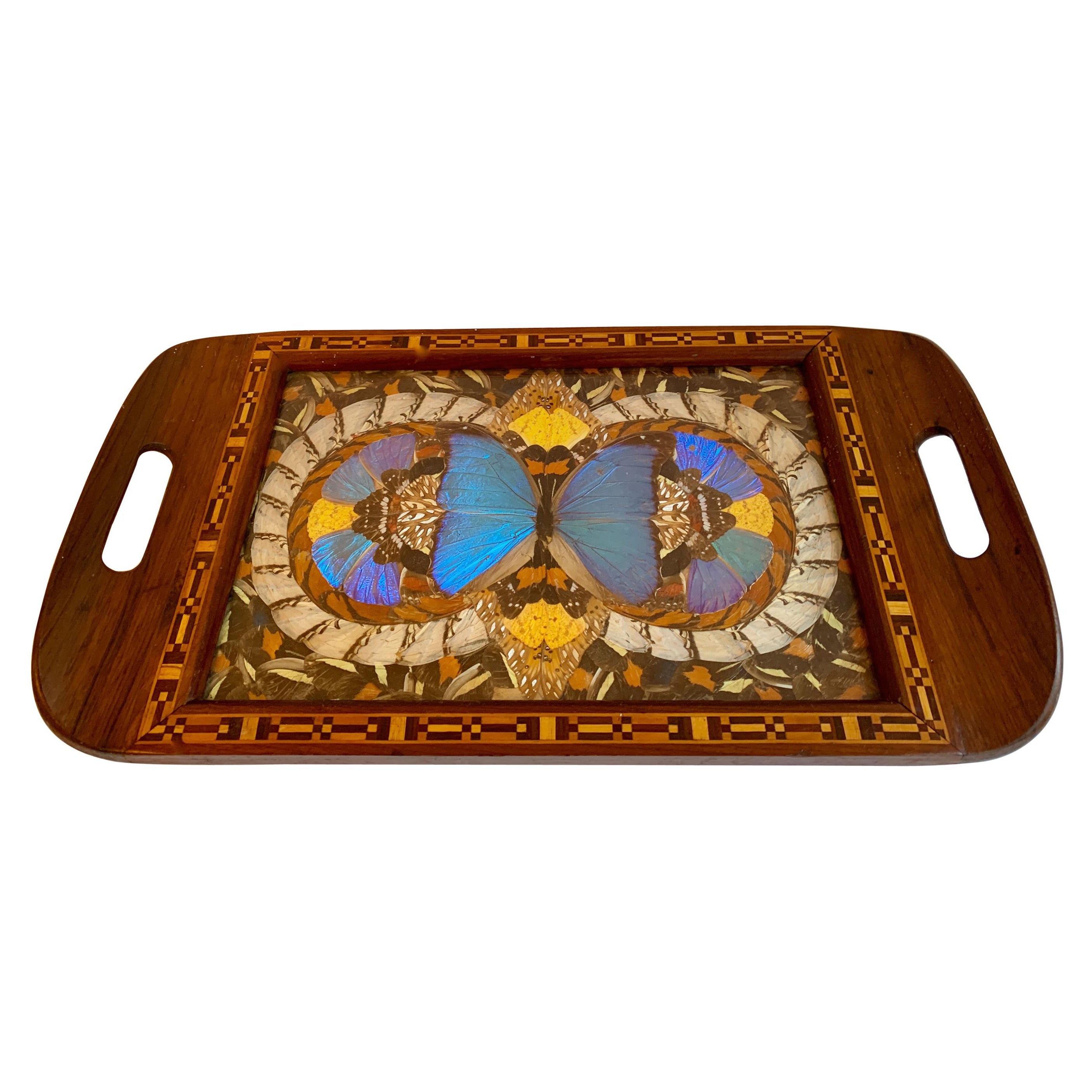 Folk Art Butterfly Collage Tray with Inlay Wooden Details For Sale