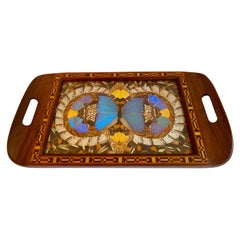 Antique Folk Art Butterfly Collage Tray with Inlay Wooden Details