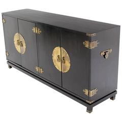 Black Lacquer Oriental Mid-Century Modern Sideboard or Credenza Large Brass