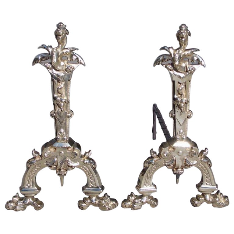 Pair of English Brass Dragon Finial Andirons with Scrolled Leg & Paw Feet C 1840 For Sale