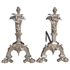 Antique Pair of English Brass Dragon Finial Andirons with Scrolled Leg & Paw Feet C 1840