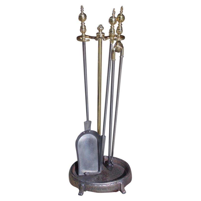 Set of American Brass Ball Finial & Polished Steel Fire Tools on Stand, C. 1840