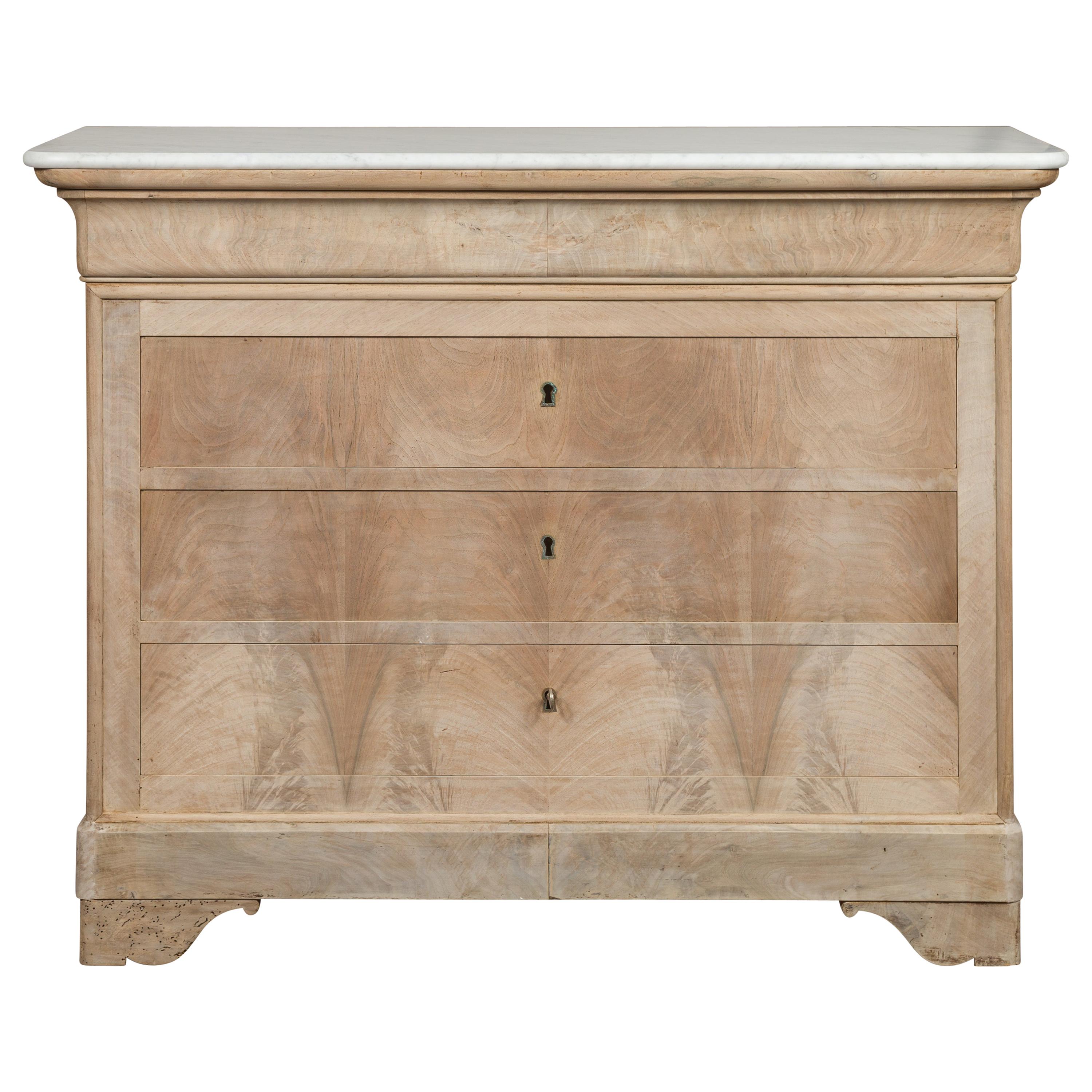French 1870s Louis-Philippe Style Bleached Commode with White Marble Top
