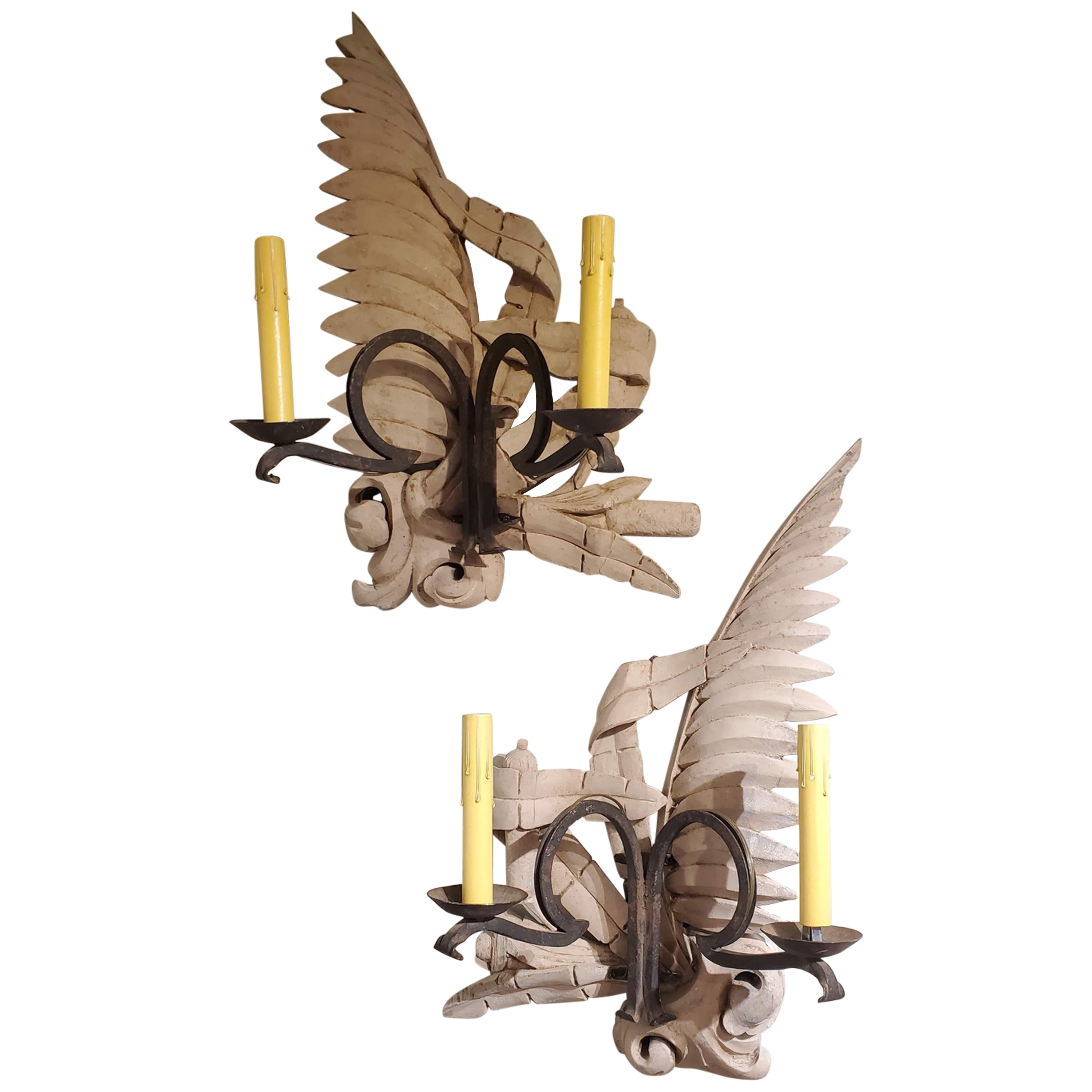 Pair of 19th Century Italian Wrought Iron and Lime Wood "Cat Tail" Wall Sconces
