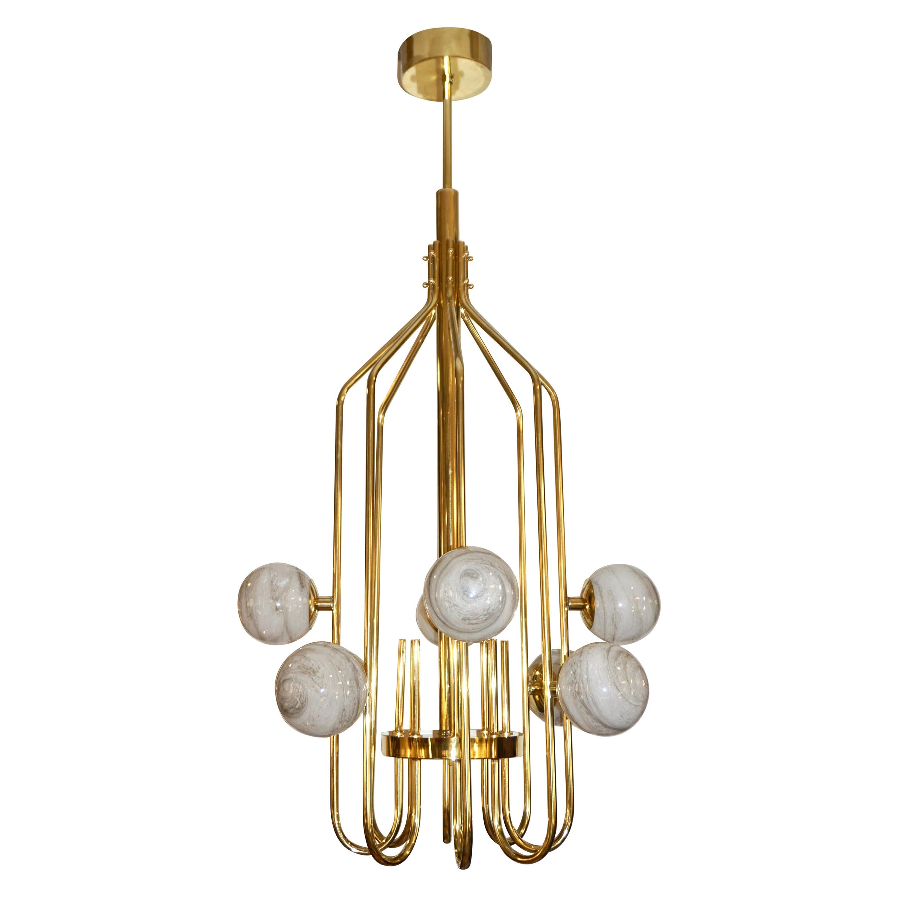 Bespoke Italian Alabaster White Murano Glass Brass Curved Globe Chandelier For Sale