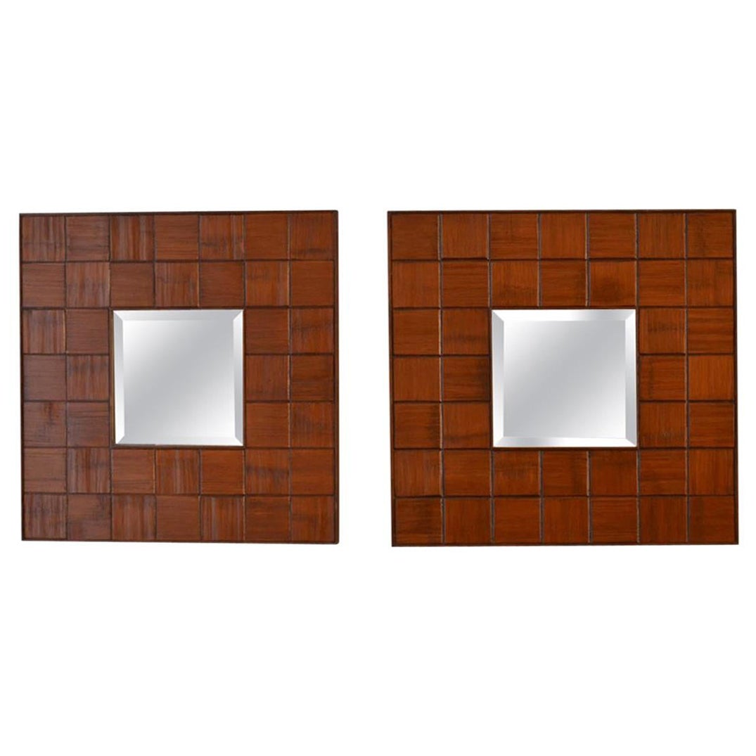 Square Mirrors Pair with Walnut Wood Relief Border, 1960s, Italy