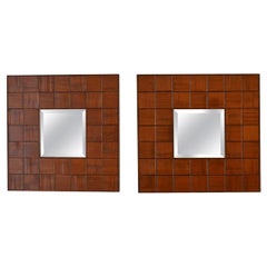 Retro Square Mirrors Pair with Walnut Wood Relief Border, 1960s, Italy