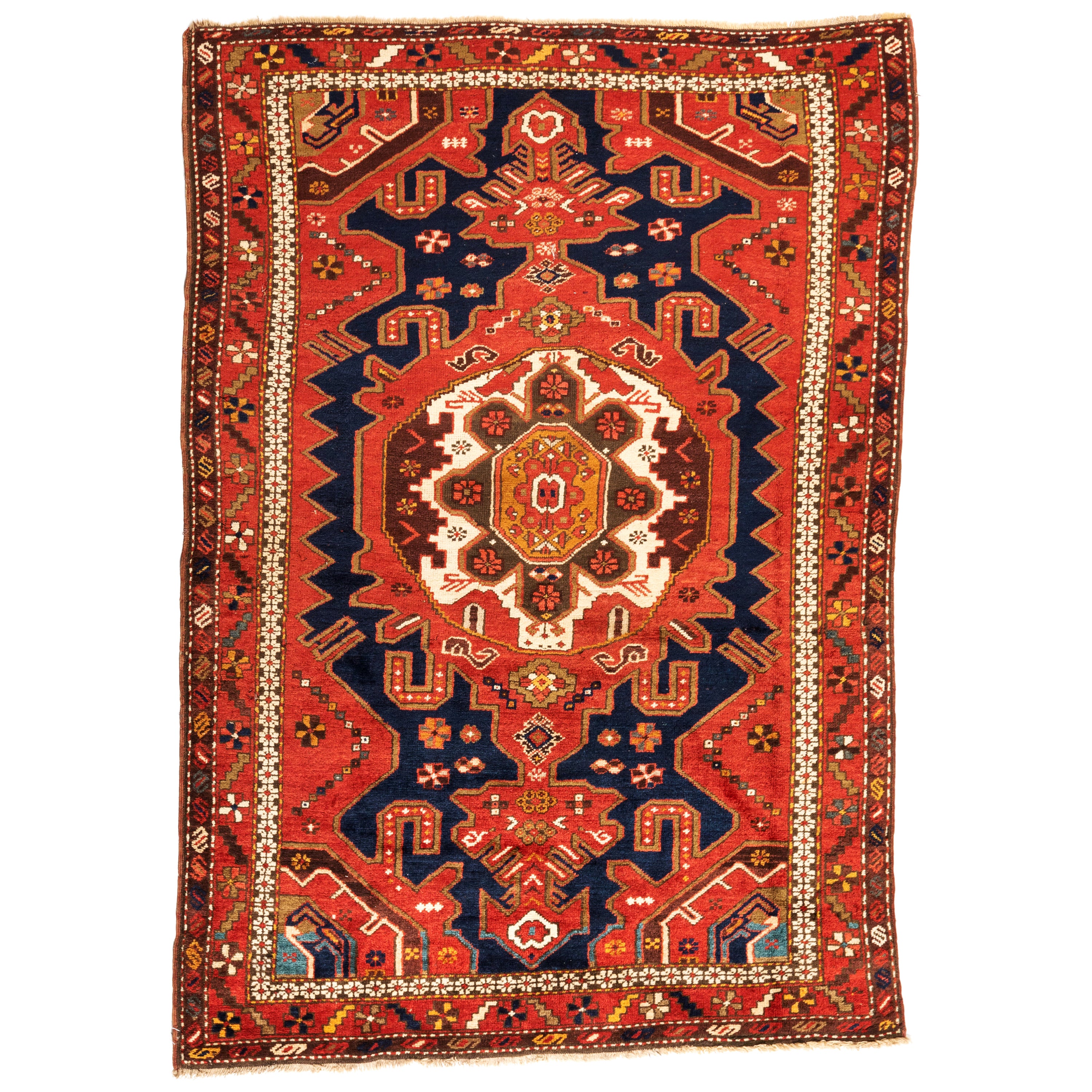 Red Ivory Navy Blue Tribal Geometric Caucasian Kazak Rug, circa 1880
