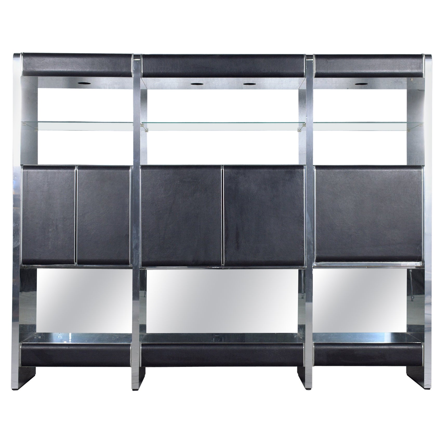 Restored Mid-Century Modern Wall Unit with Black Leather and Stainless Steel