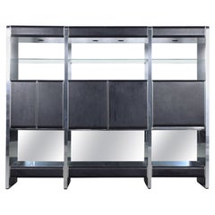 Retro Restored Mid-Century Modern Wall Unit with Black Leather and Stainless Steel