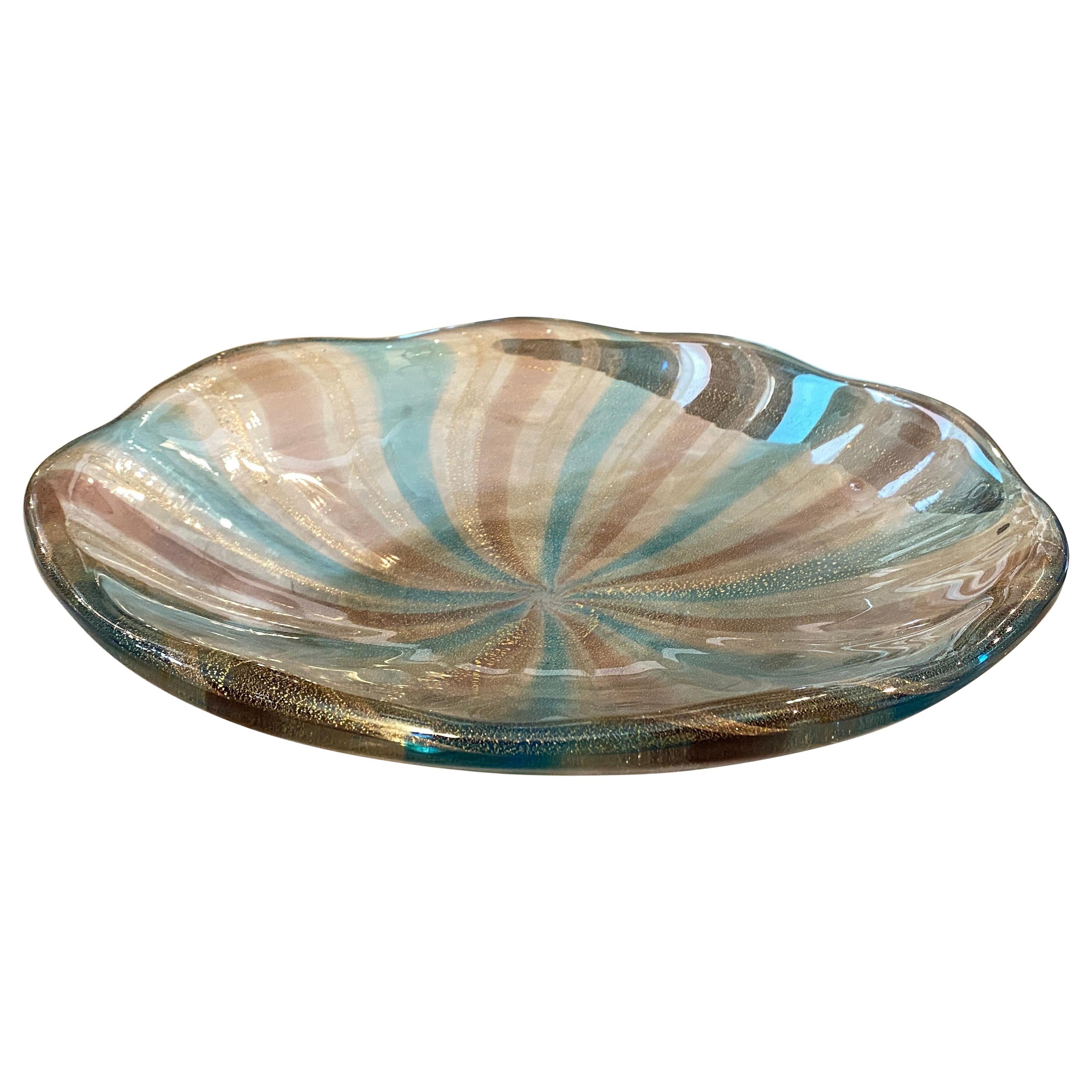 1970s Blue, Brown and Gold Striped Heavy Murano Glass Round Centerpiece For Sale