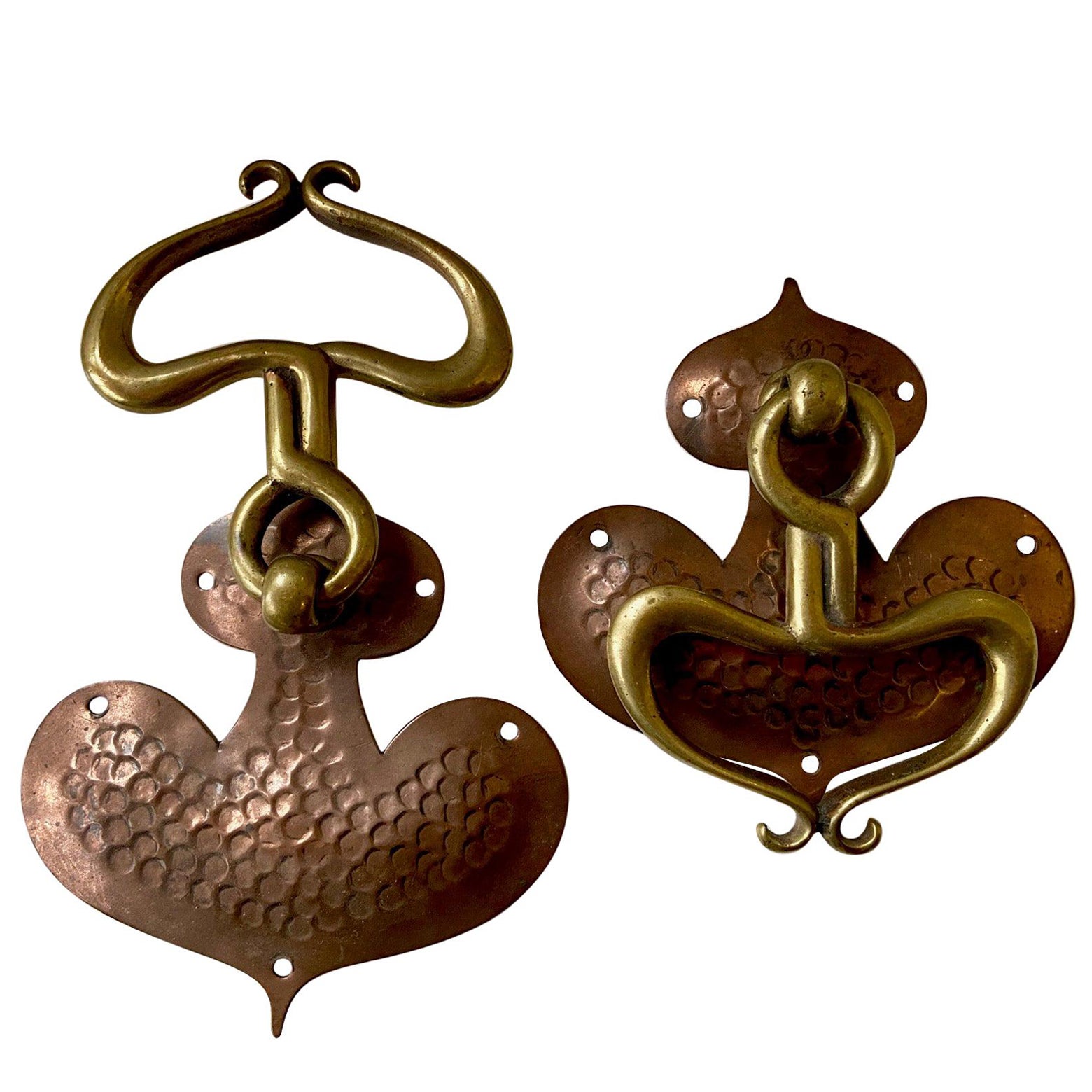 Pair of Arts & Crafts Art Nouveau Drop Pull Handles, Brass and Beaten Copper For Sale