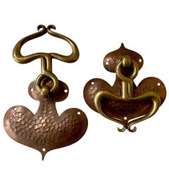 Antique Pair of Arts & Crafts Art Nouveau Drop Pull Handles, Brass and Beaten Copper