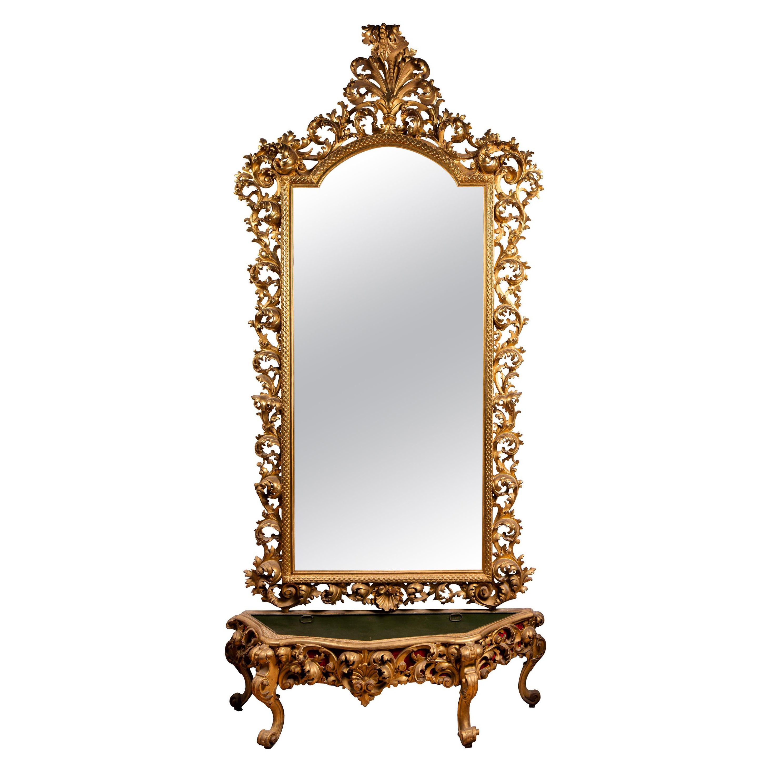 Dramatic, Monumental Rococo Florentine Giltwood Mirror with Matching Planter 