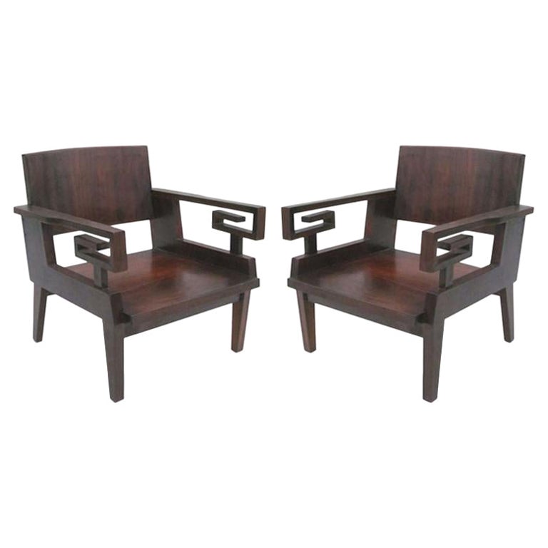 Pair of French Art Deco. / Modern Neoclassical Teak Lounge Chairs For Sale