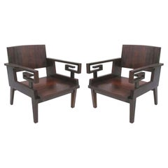 Pair of French Art Deco. / Modern Neoclassical Teak Lounge Chairs