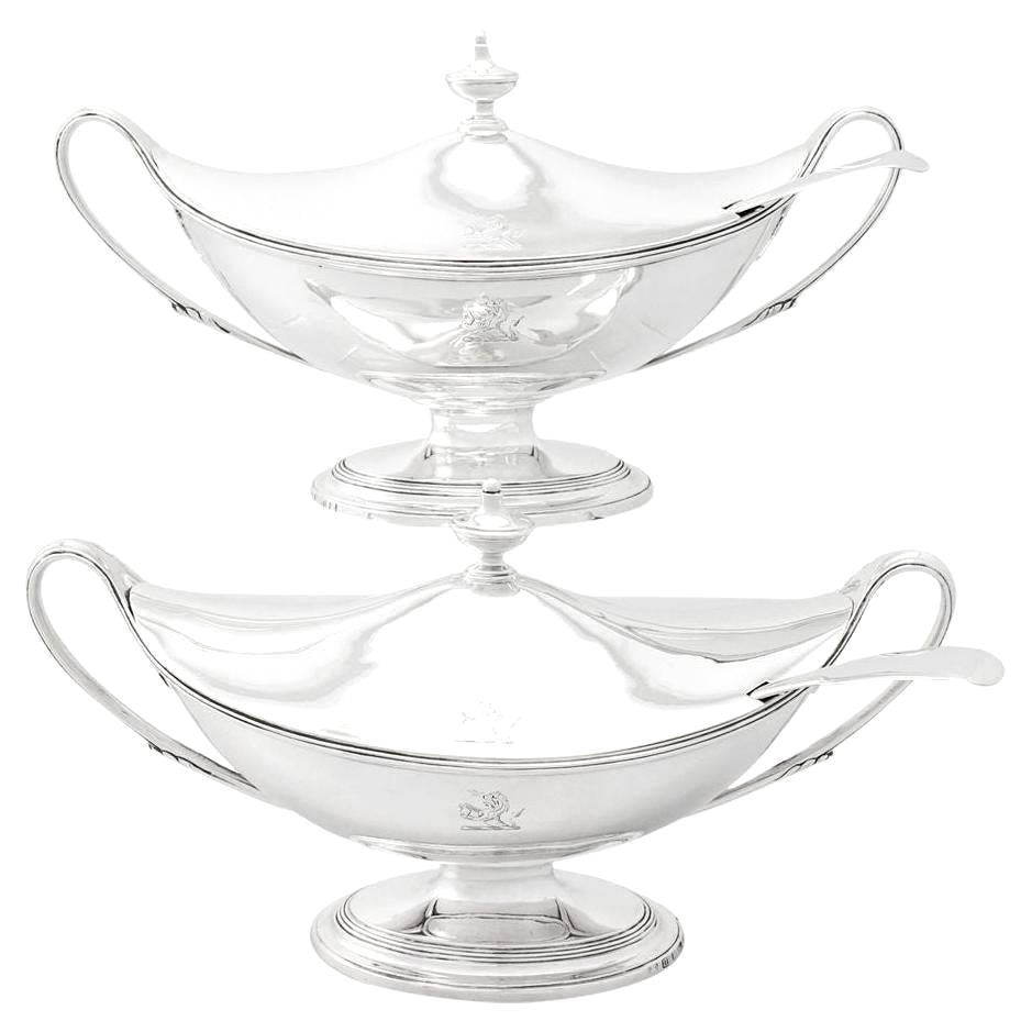 Antique George III Adams Style Sterling Silver Sauce Tureens with Ladles For Sale