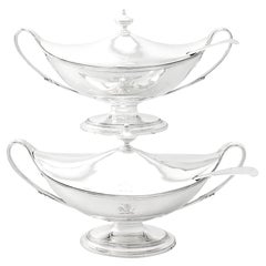 Antique George III Adams Style Sterling Silver Sauce Tureens with Ladles