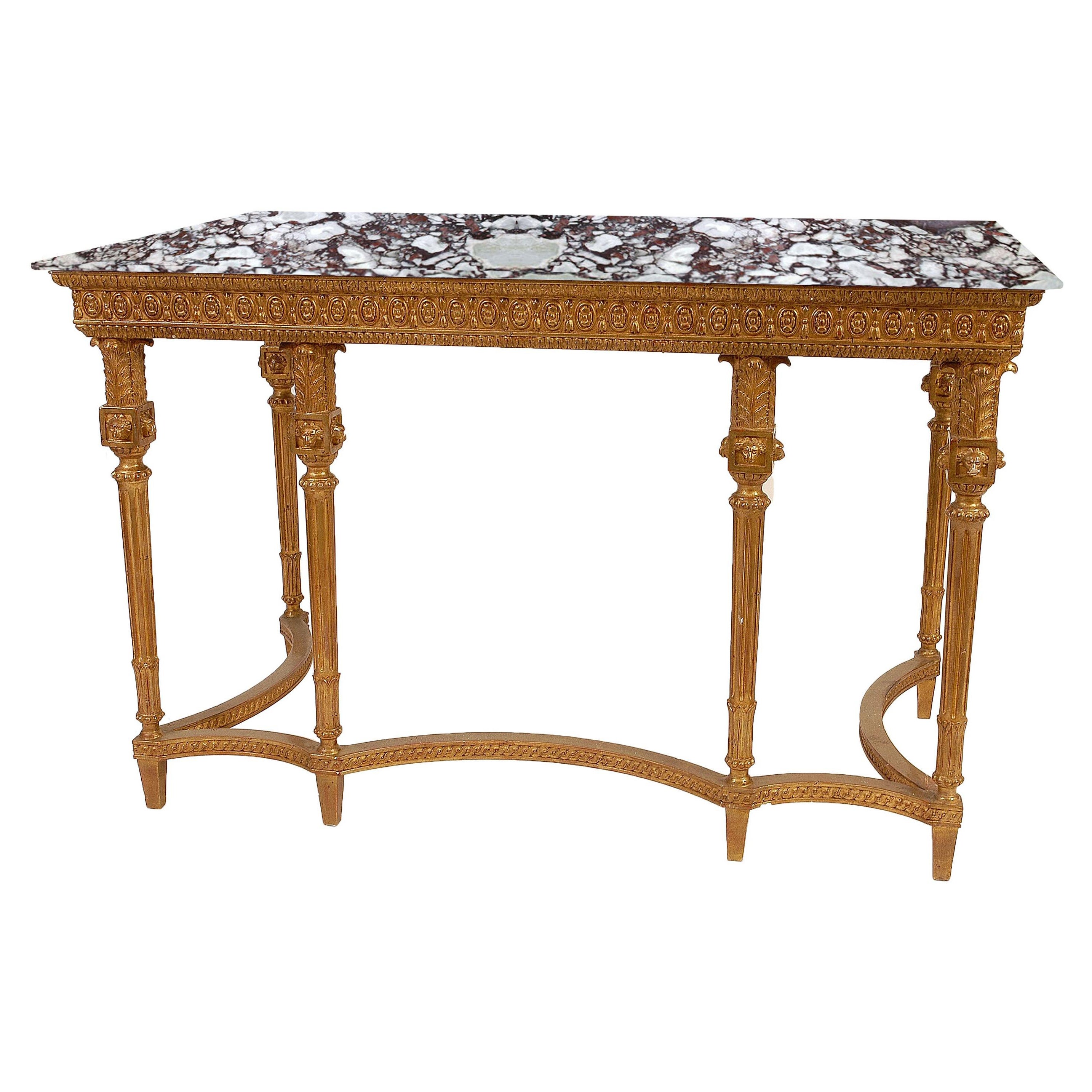 Neoclassical Style Wood and Gold Leaf Calacatta Viola Marble Spanish Console For Sale