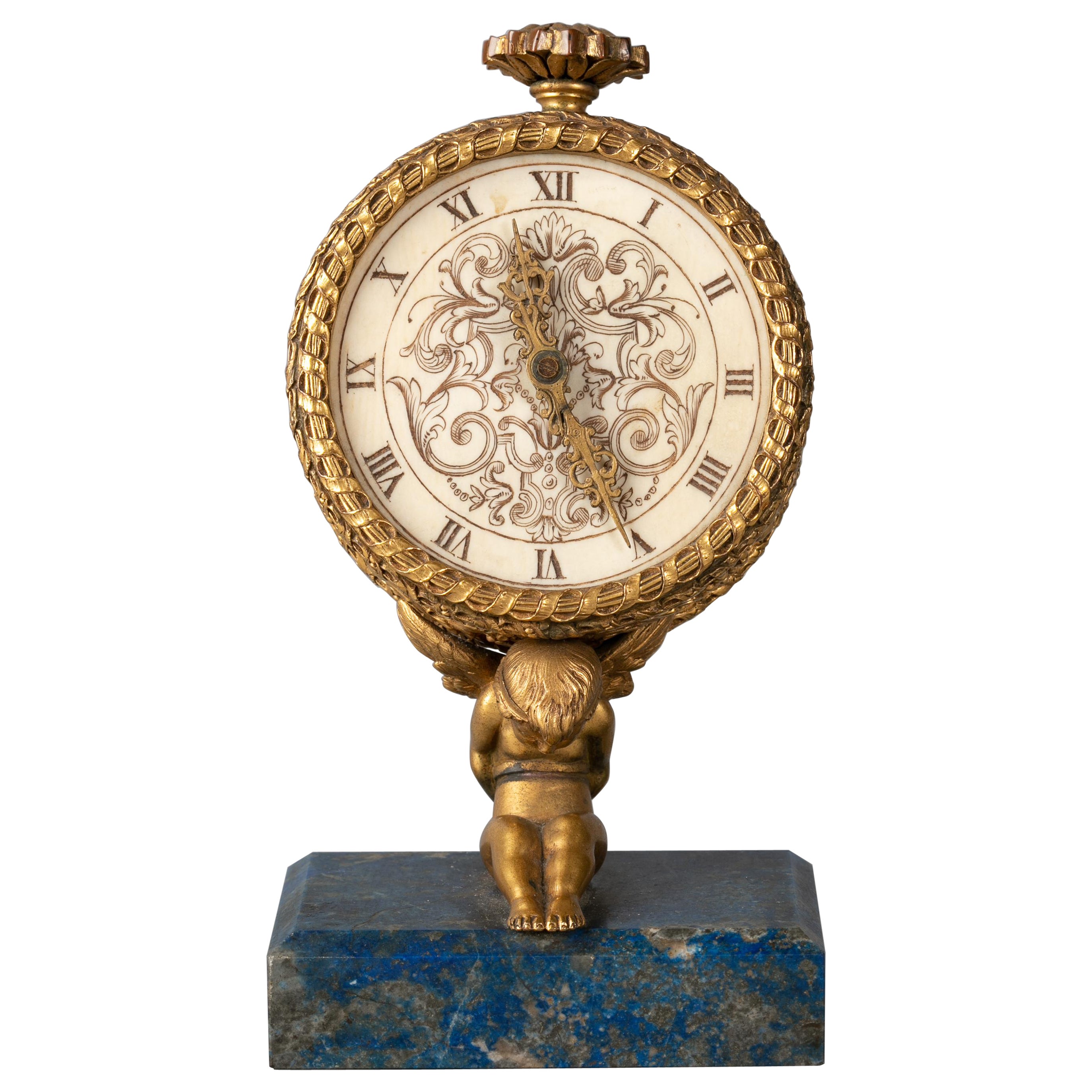 Bronze and Lapis Lazuli Figural Table Clock, E.F. Caldwell, Circa 1900