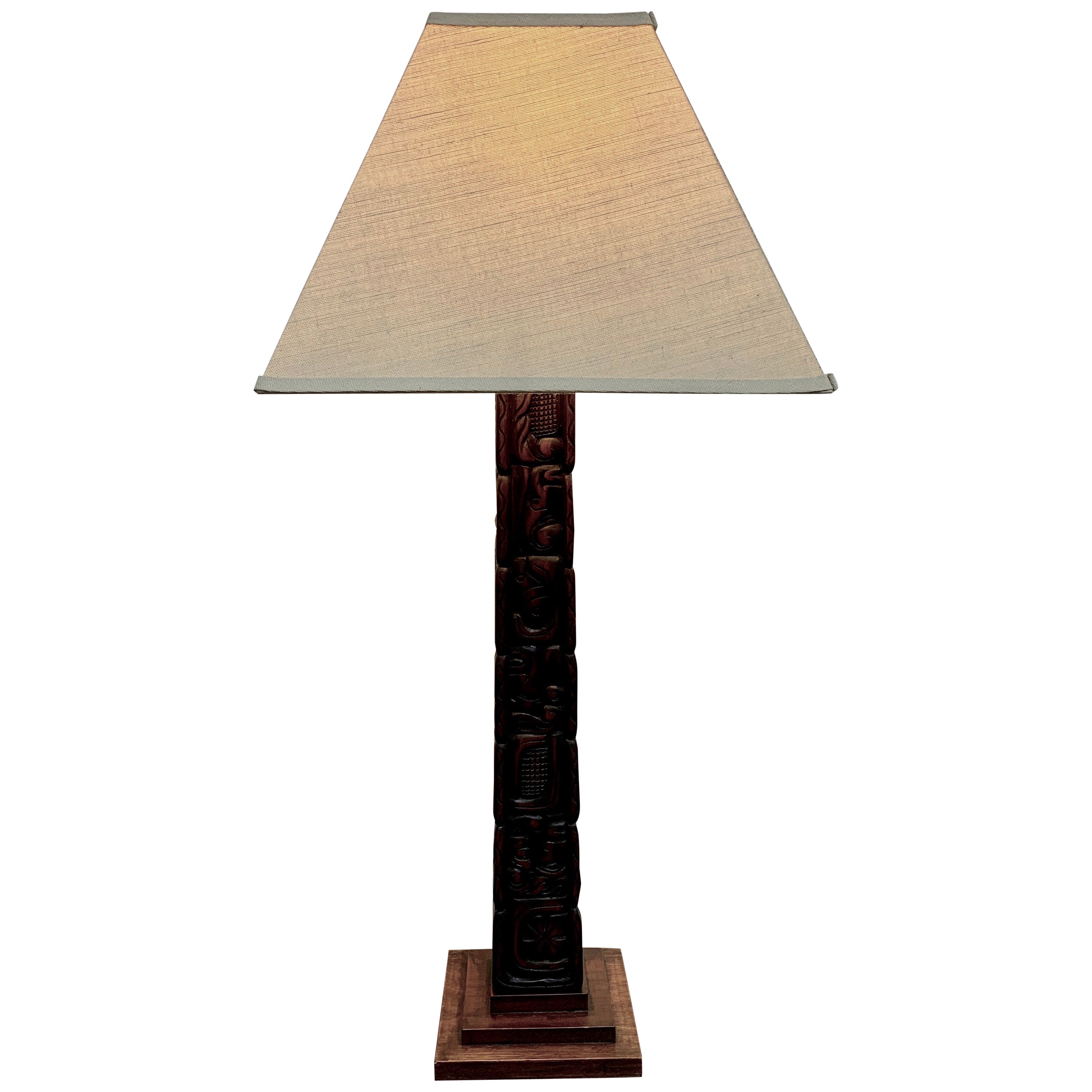 Midcentury Round Split Rattan Table Lamp, Carved Wood Base and Fancy