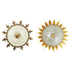 List for S: Unmatching Pair of Gilt Iron and Glass Crown Sunburst Flush Mounts