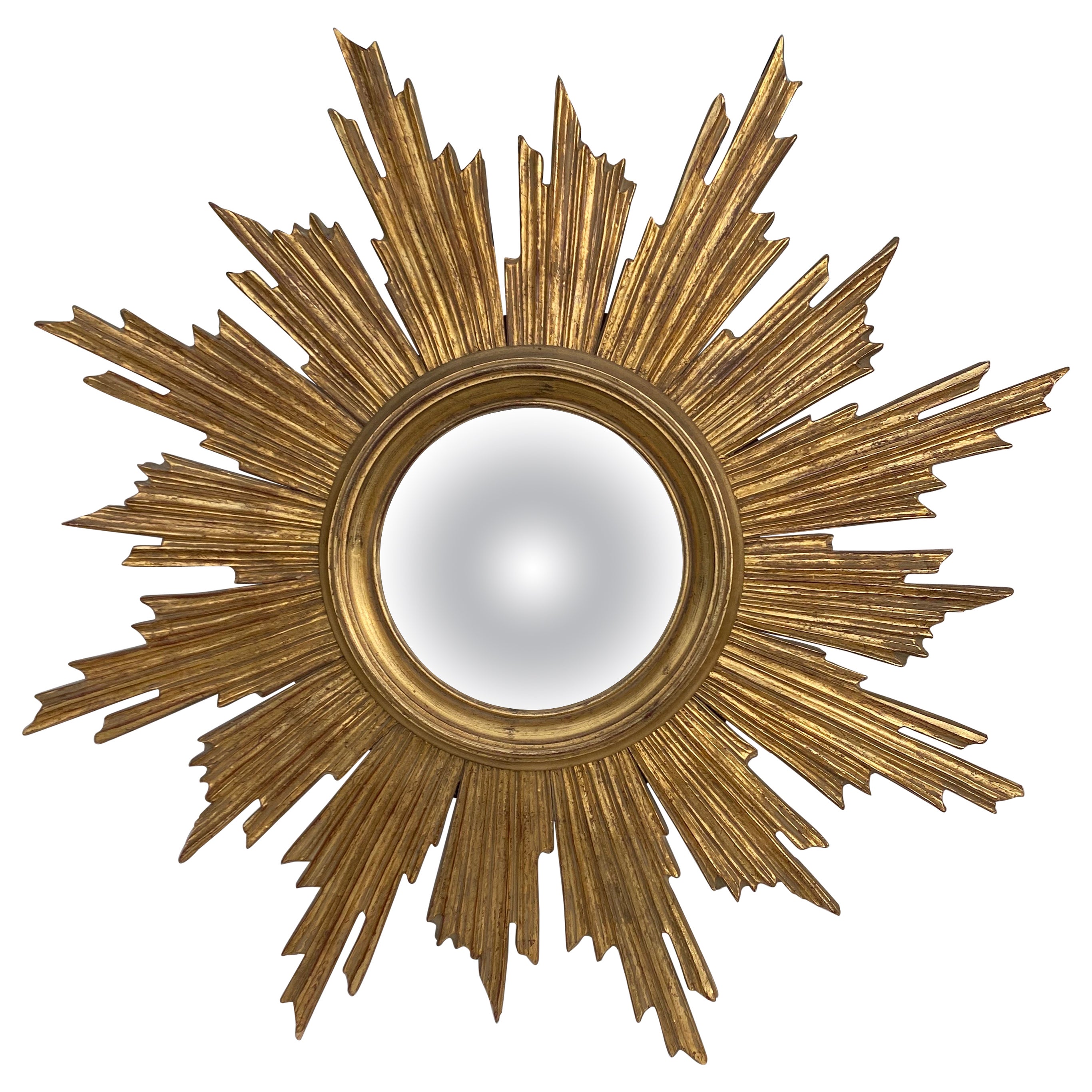 French Gilded Wood Convex Sunburst Mirror For Sale