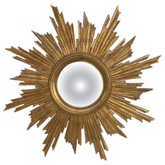 Antique French Gilded Wood Convex Sunburst Mirror