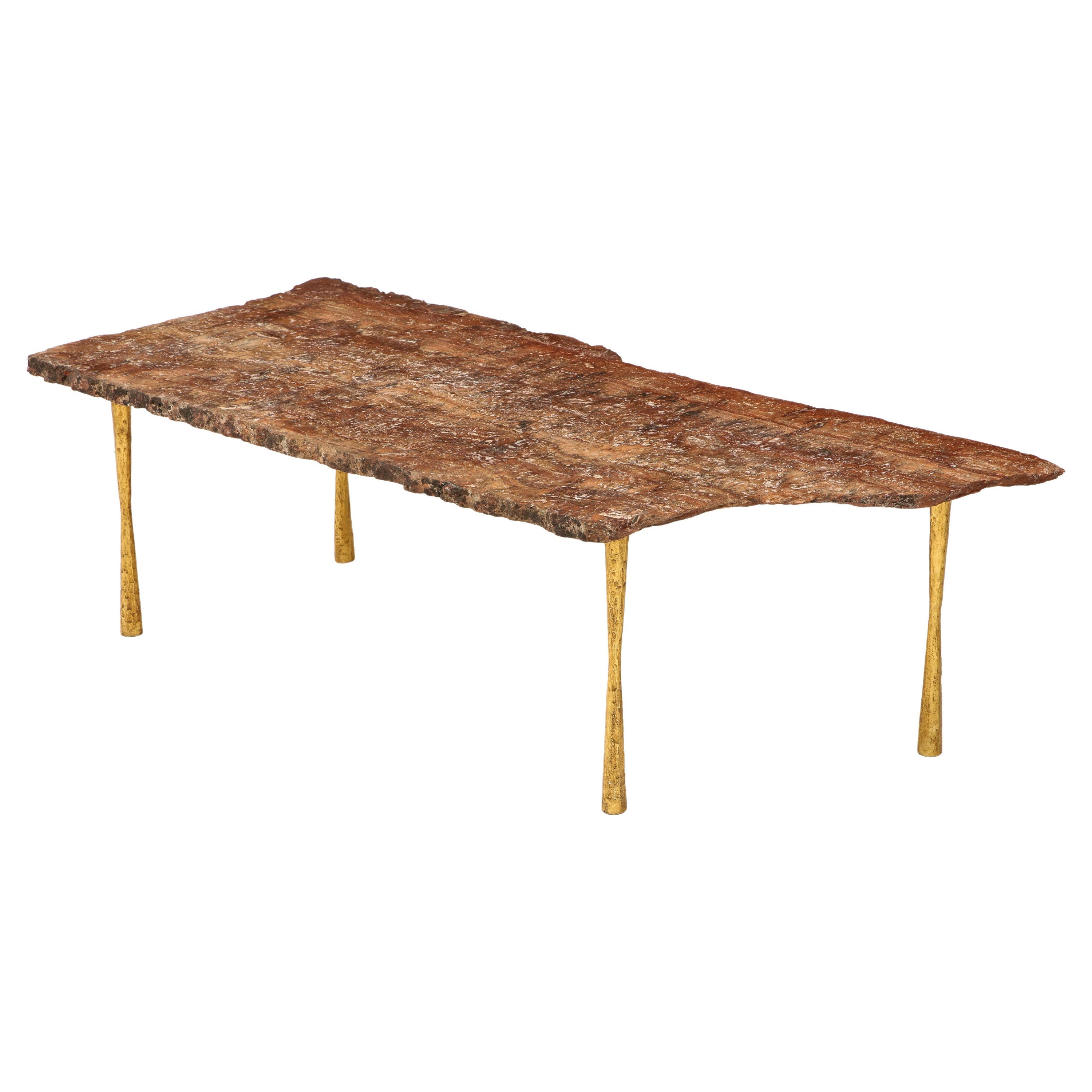 Red Brown Travertine Natural Edge Slab Stone and Gold Leaf Cocktail Table, Italy For Sale