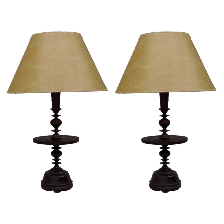 Pair of French Colonial MidCentury Carved Wood Table Lamp Bases, 1930