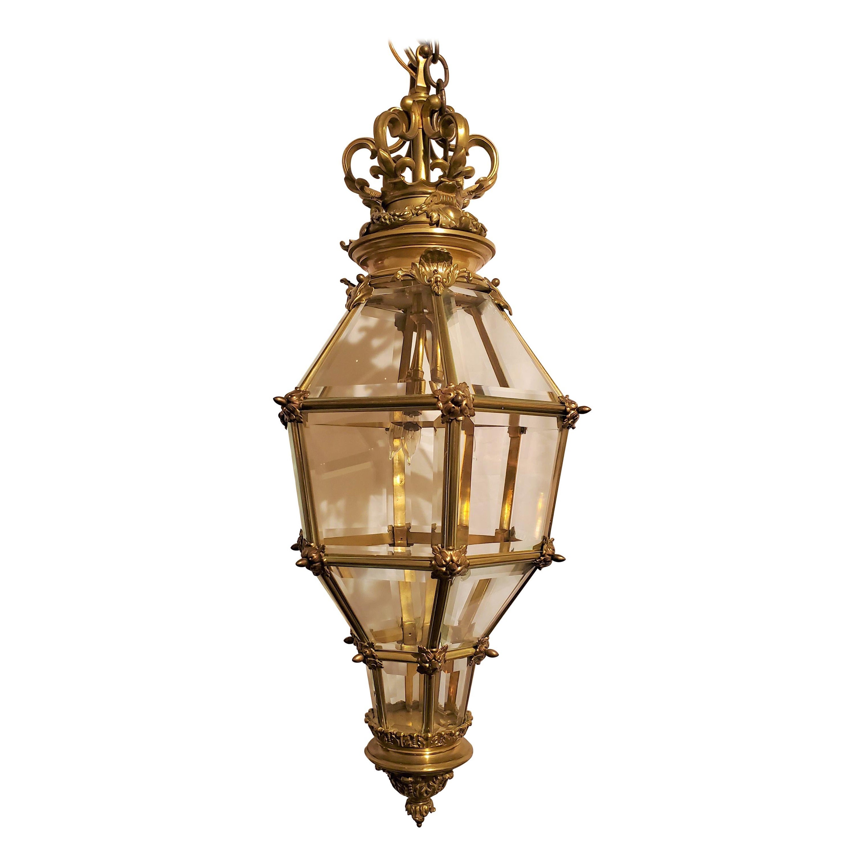 Ancienne lanterne française à 3 lumières en bronze et verre biseauté, vers 1890