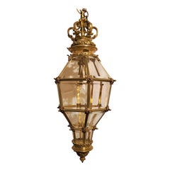 Ancienne lanterne française à 3 lumières en bronze et verre biseauté, vers 1890