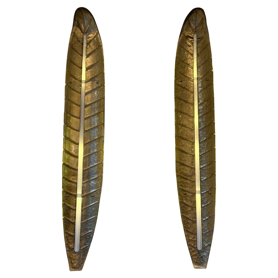 Spectacular Pair of Murano Glass Gold Leaves Wall Sconces