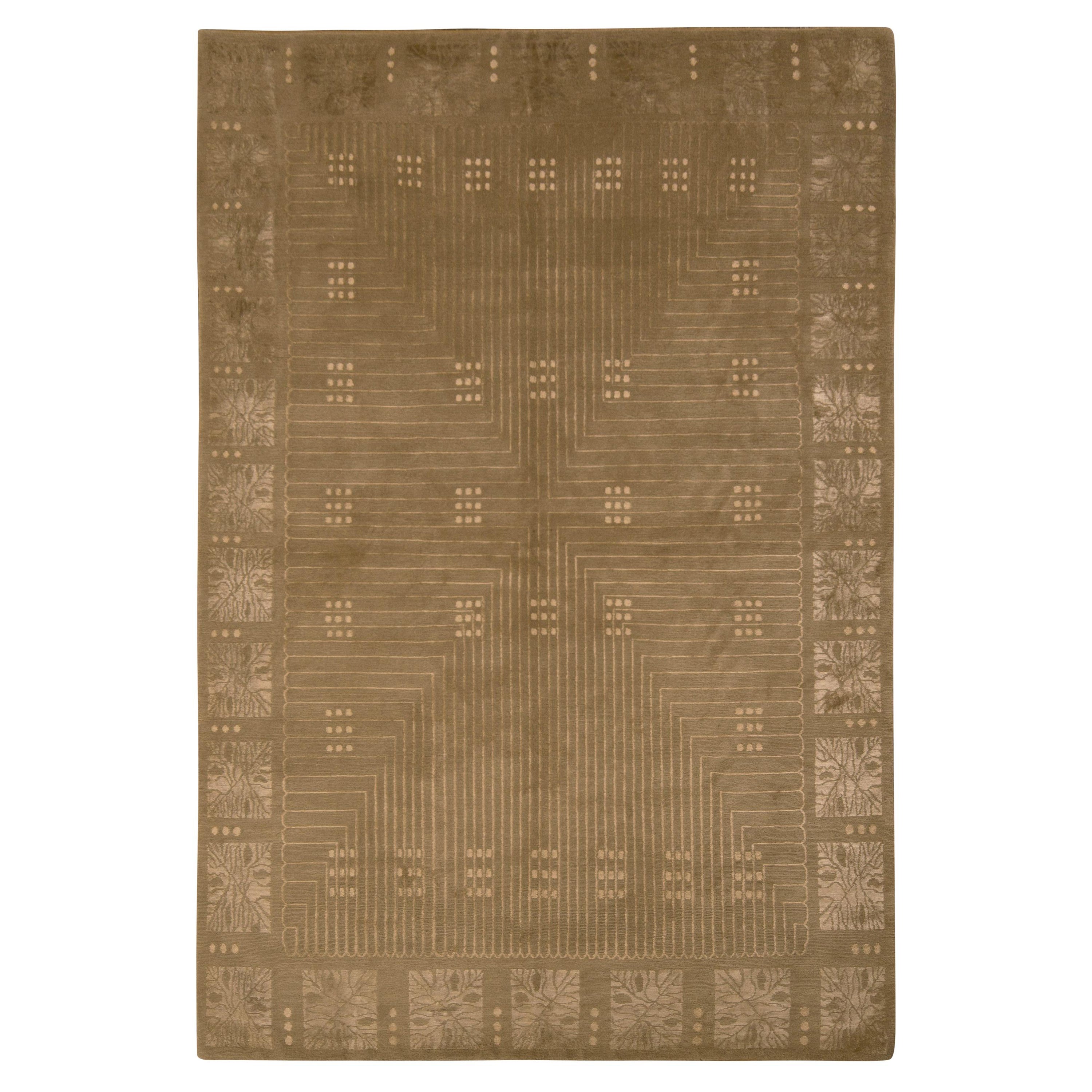Rug & Kilim's Hand Knotted Art Deco Style Rug Beige Green Custom Pattern For Sale