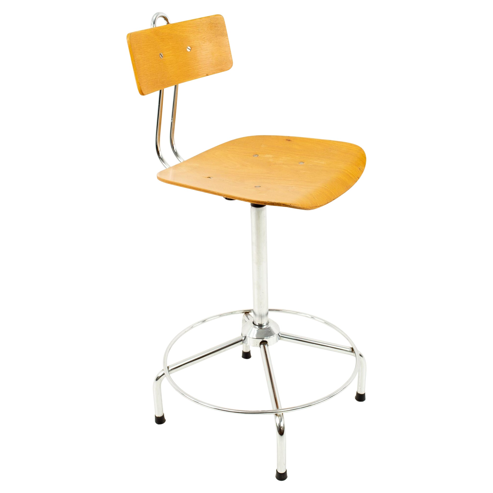Bieffe Mid Century Italian Blonde and Chrome Drafting Counter Bar Stool For Sale